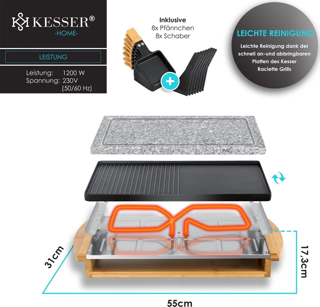 KESSER® Raclette-Grill s přírodním grilovacím kamenem (8 osob, 1200 W)